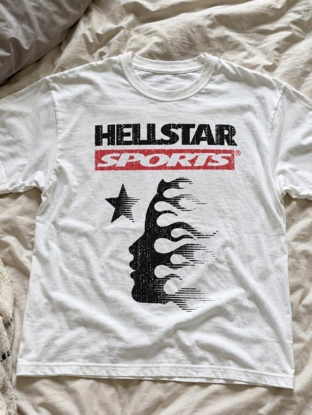 Gildan White Tee with Black Flame Profile and Red Sports Logo